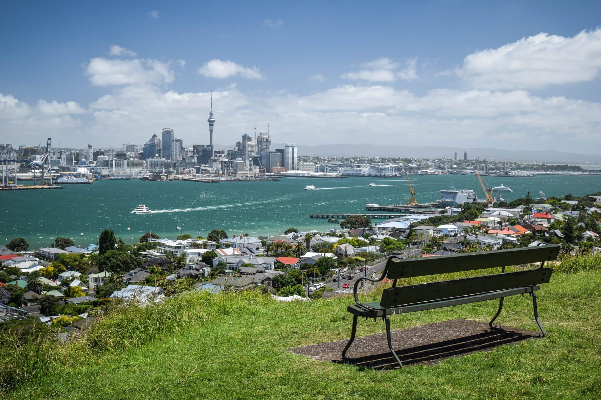 Auckland skyline and Sky Tower viewed from Waitemata Harbour