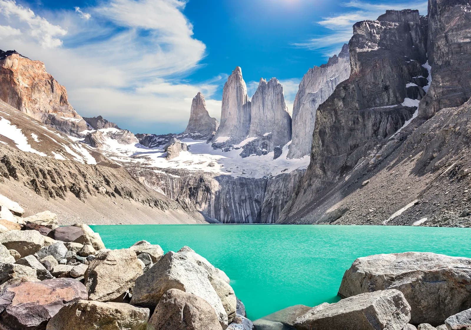 The granite towers of Torres del Paine rising above the Patagonian steppe