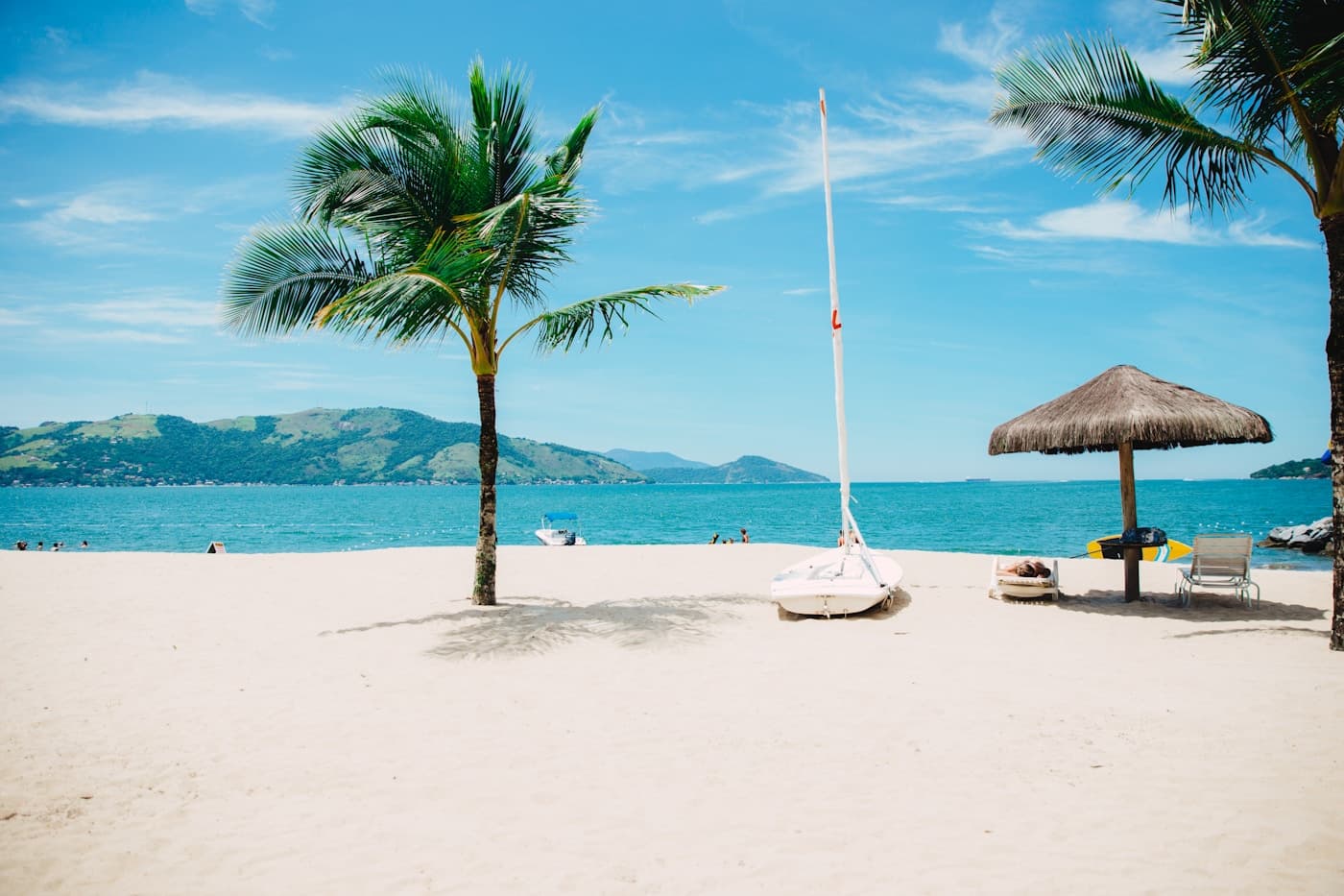 Palm-lined beach with a small boat